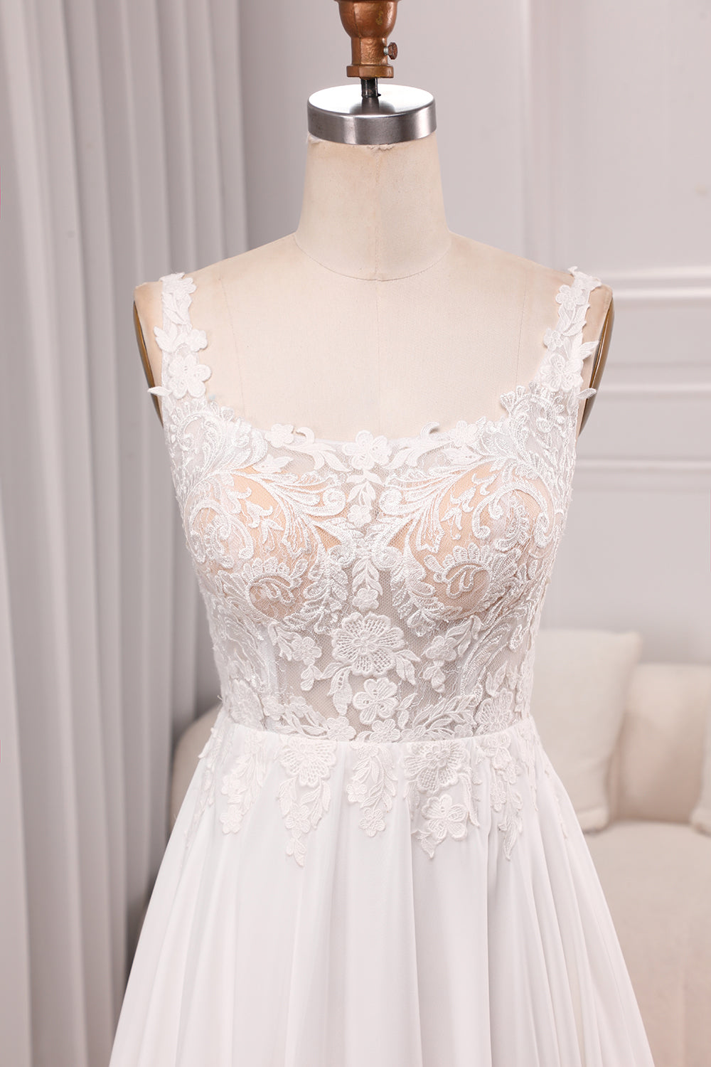 Ivory A Line Square Neck Corset Court Train Bridal Dress With Slit Long