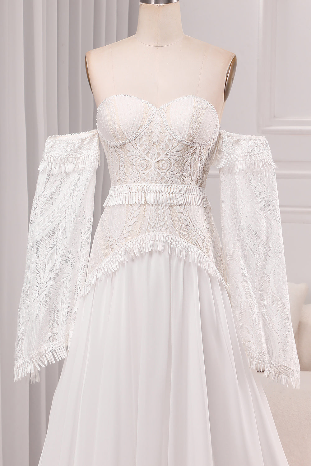 Ivory A Line Sweetheart Long Sleeves Chapel Train Wedding Dresses With Fringe Off Shoulder