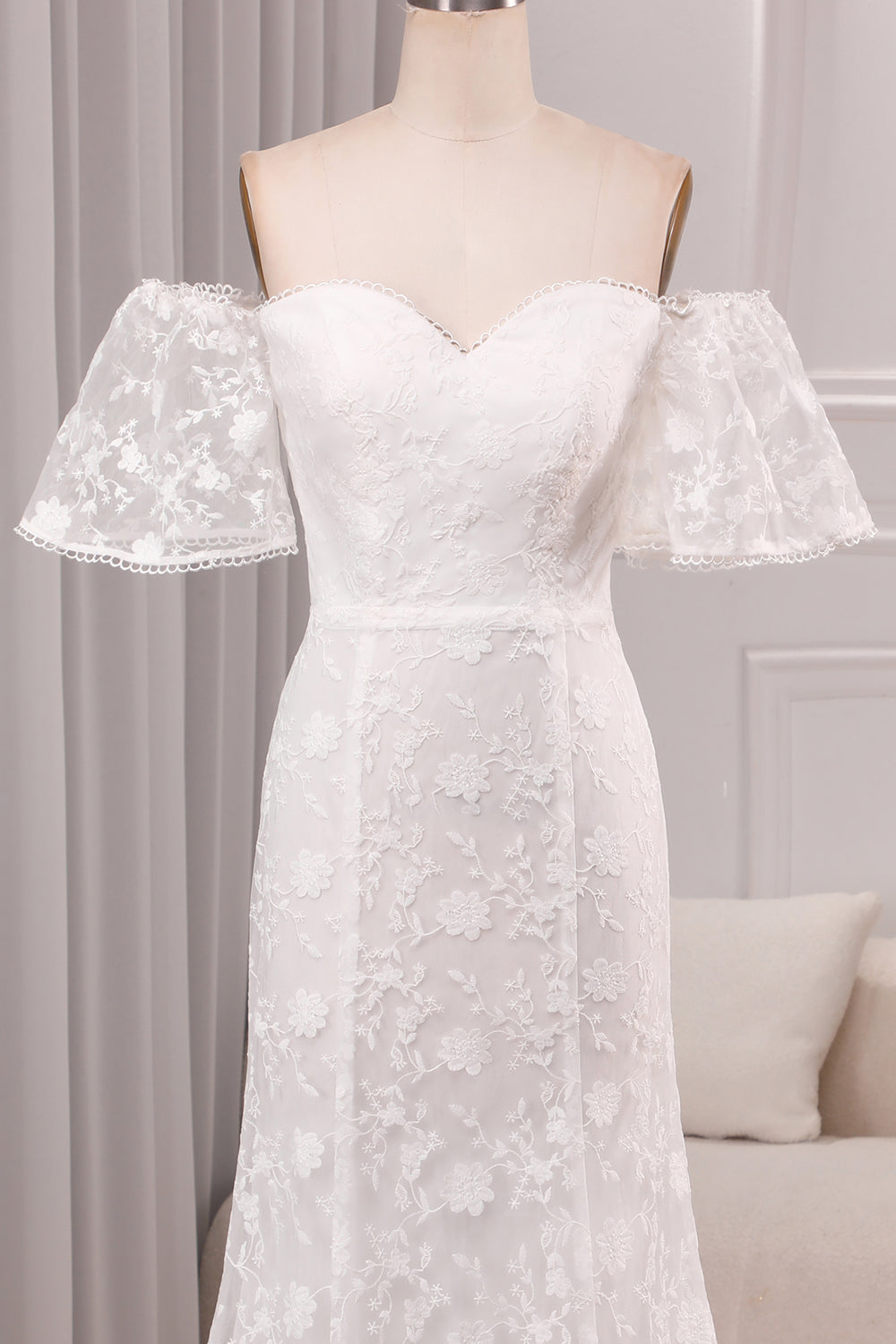 Ivory Mermaid Sweep Train Bridal Dress With Short Sleeves Off Shoulder