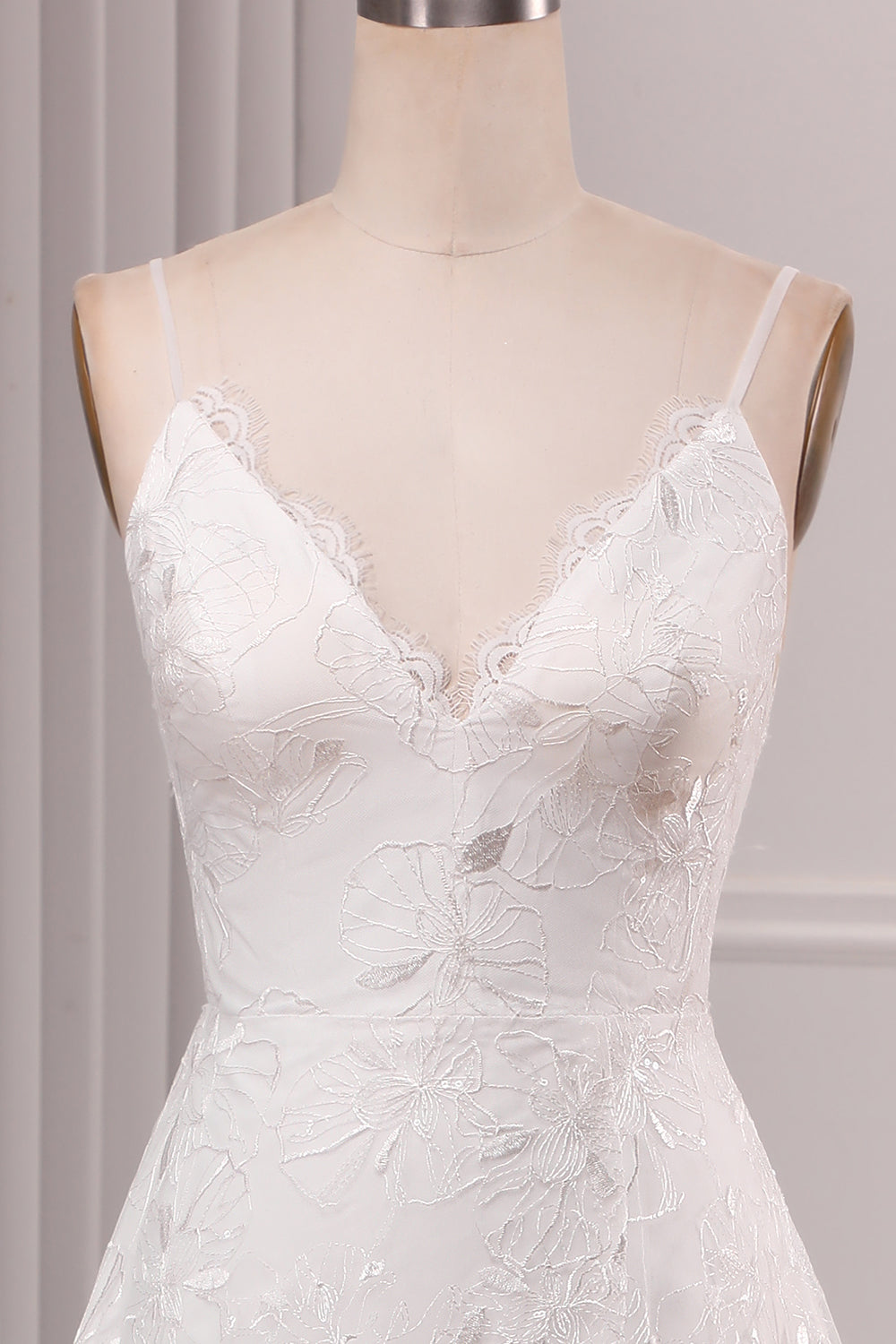 Ivory A Line Spaghetti Straps Lace Chapel Train Sparkly Bridal Dresses With Slit V-neck