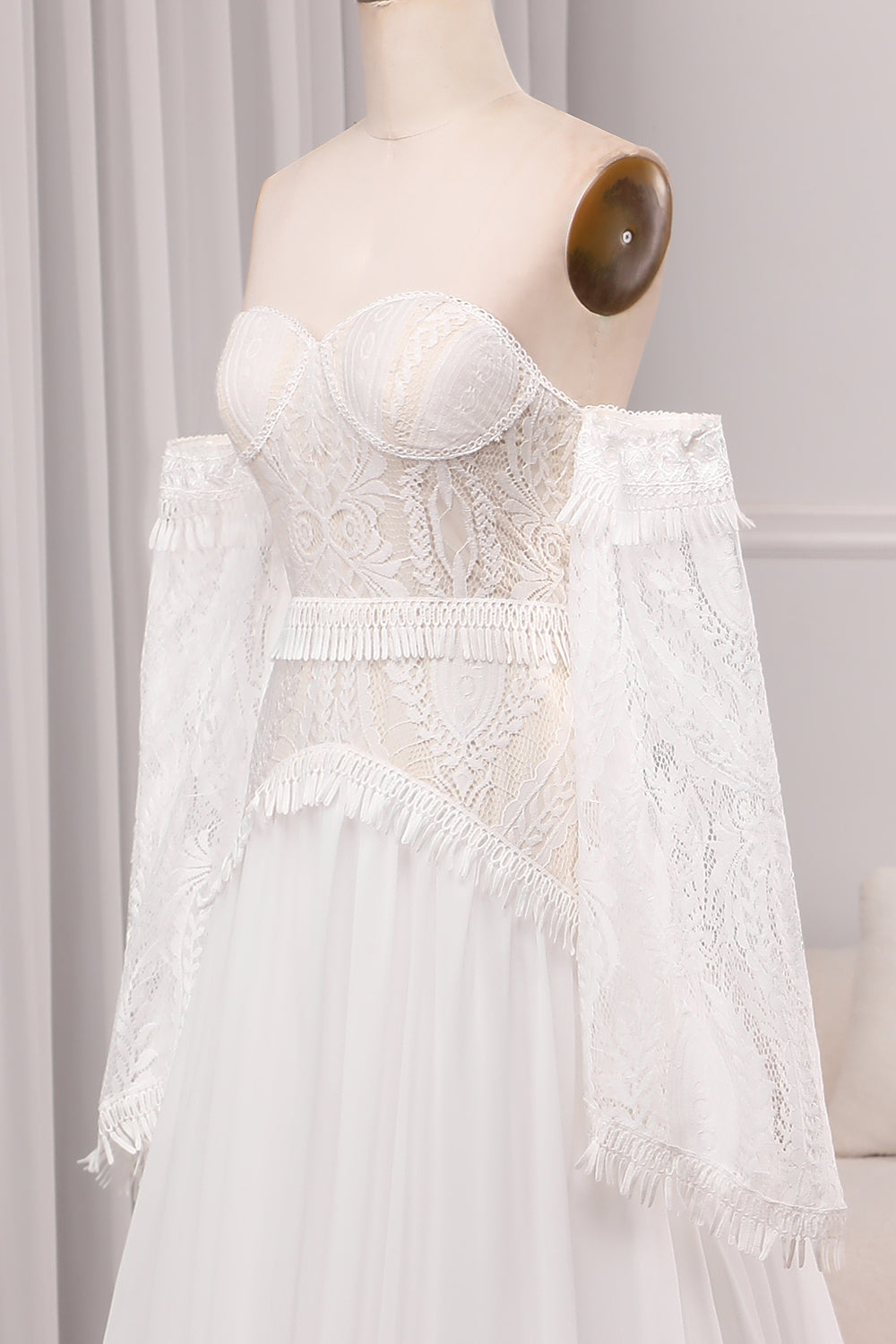 Ivory A Line Sweetheart Long Sleeves Chapel Train Wedding Dresses With Fringe Off Shoulder