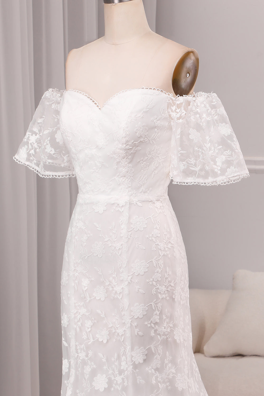 Ivory Mermaid Sweep Train Bridal Dress With Short Sleeves Off Shoulder