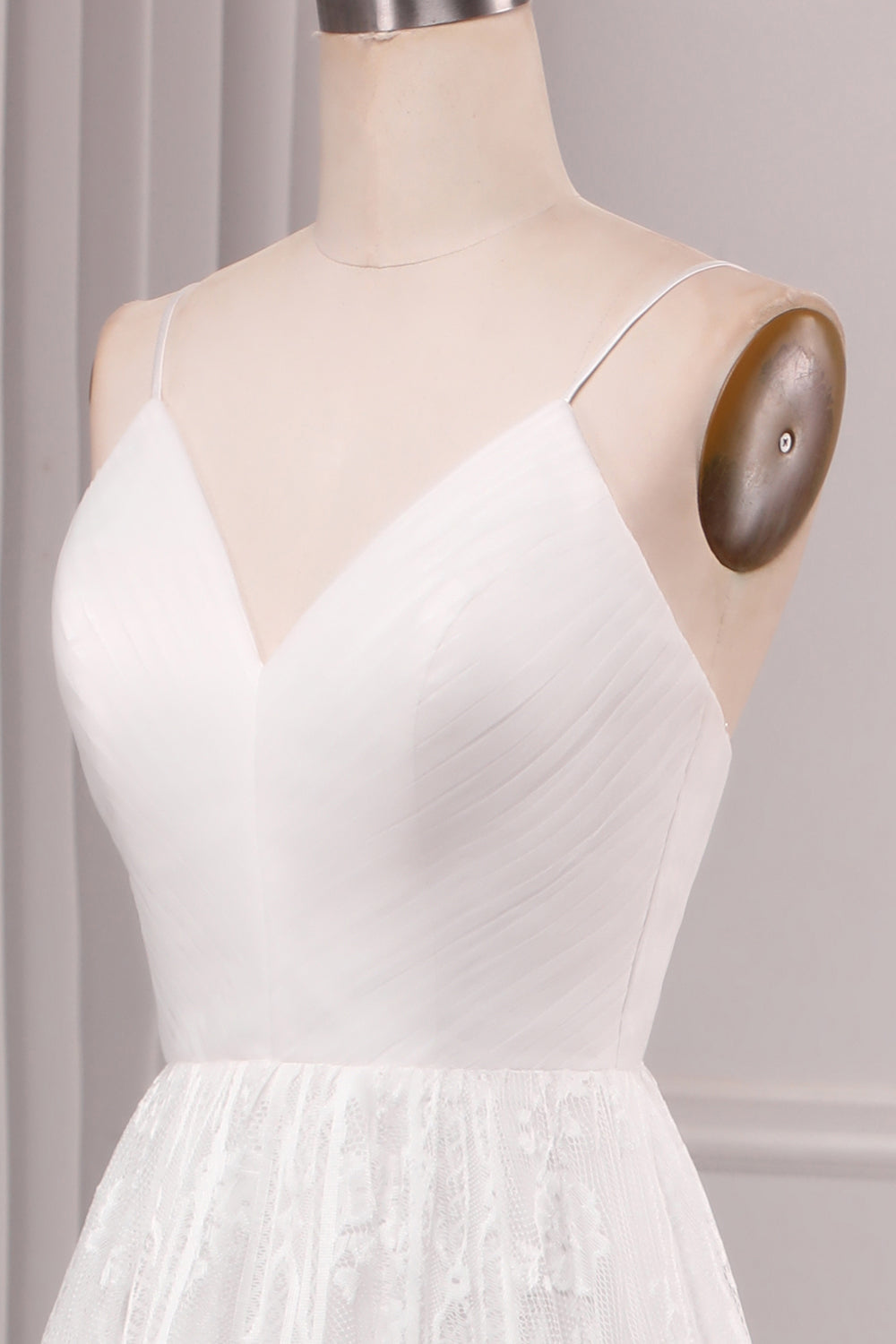 Ivory A Line Spaghetti Straps Long Bridal Dress With Appliqued Lace V-neck
