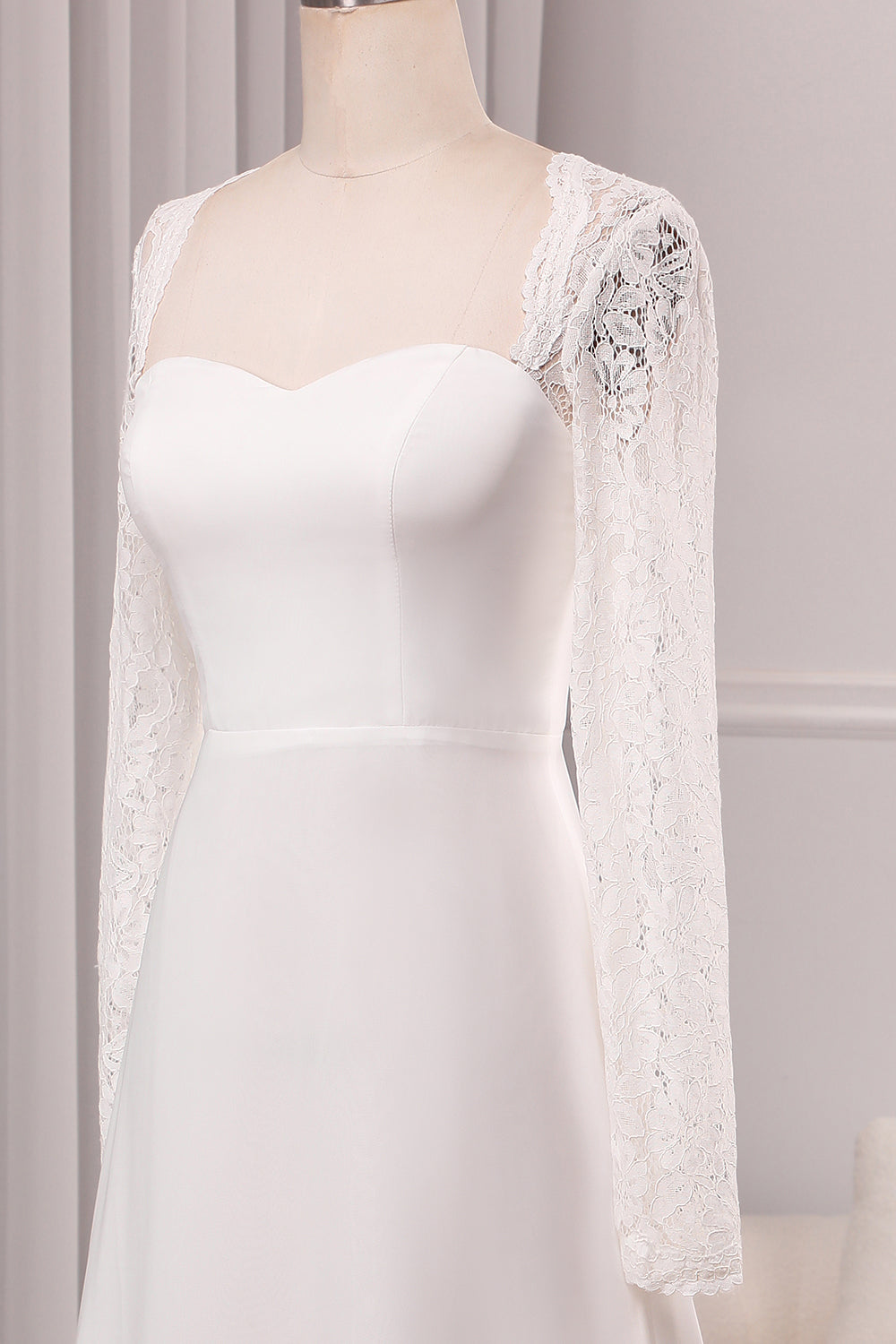 Ivory A-Line Square Neck Sweep Train Satin Bridal Dress with Long Sleeves Sexy