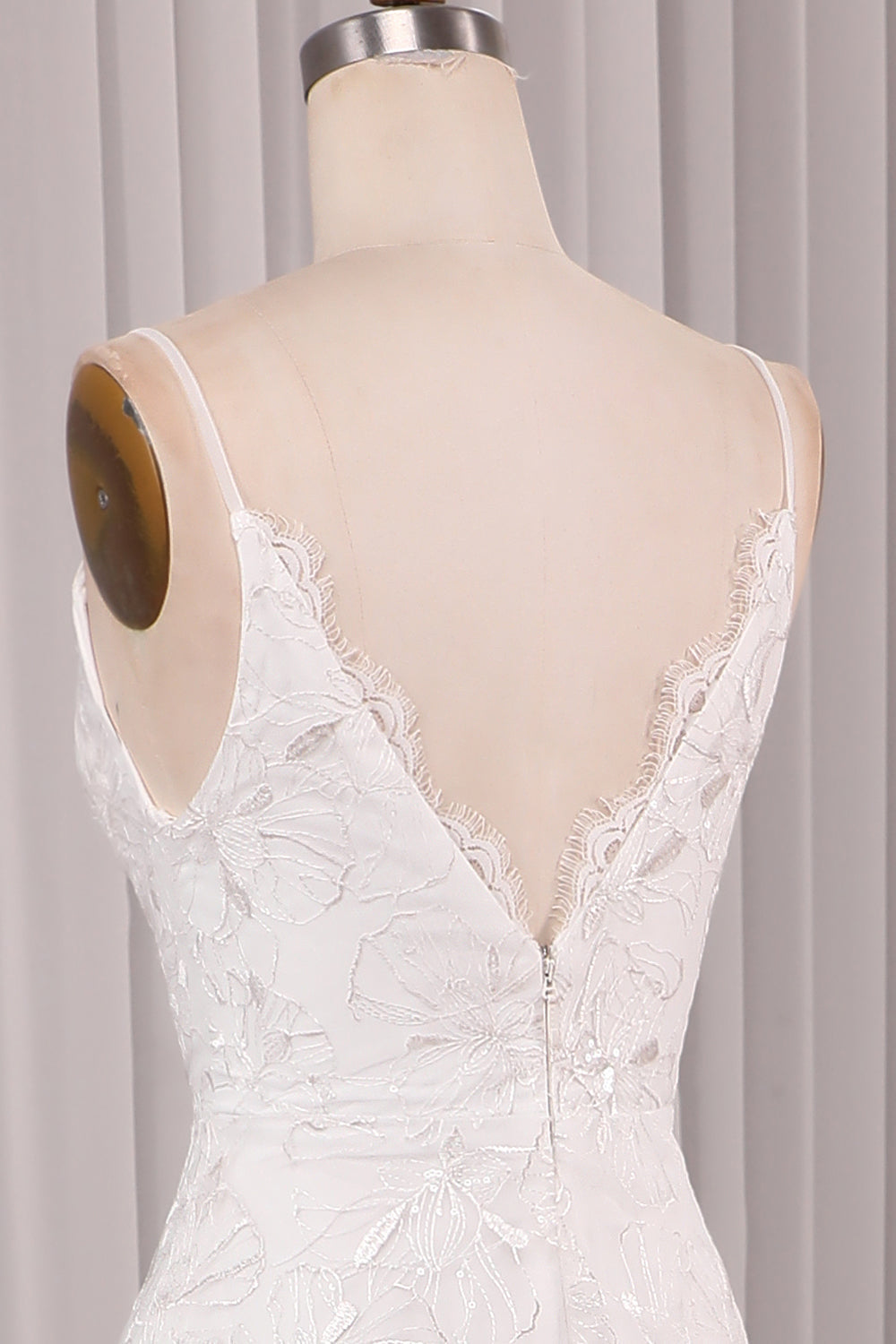 Ivory A Line Spaghetti Straps Lace Chapel Train Sparkly Bridal Dresses With Slit V-neck