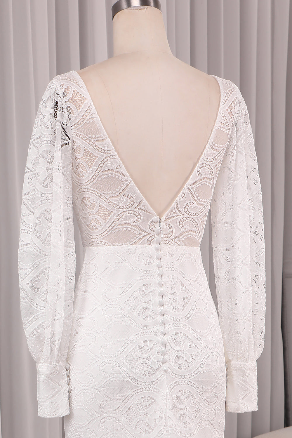 Ivory Sheath V-Neck Long Sleeves Backless Wedding Dress with Front Slit Sexy