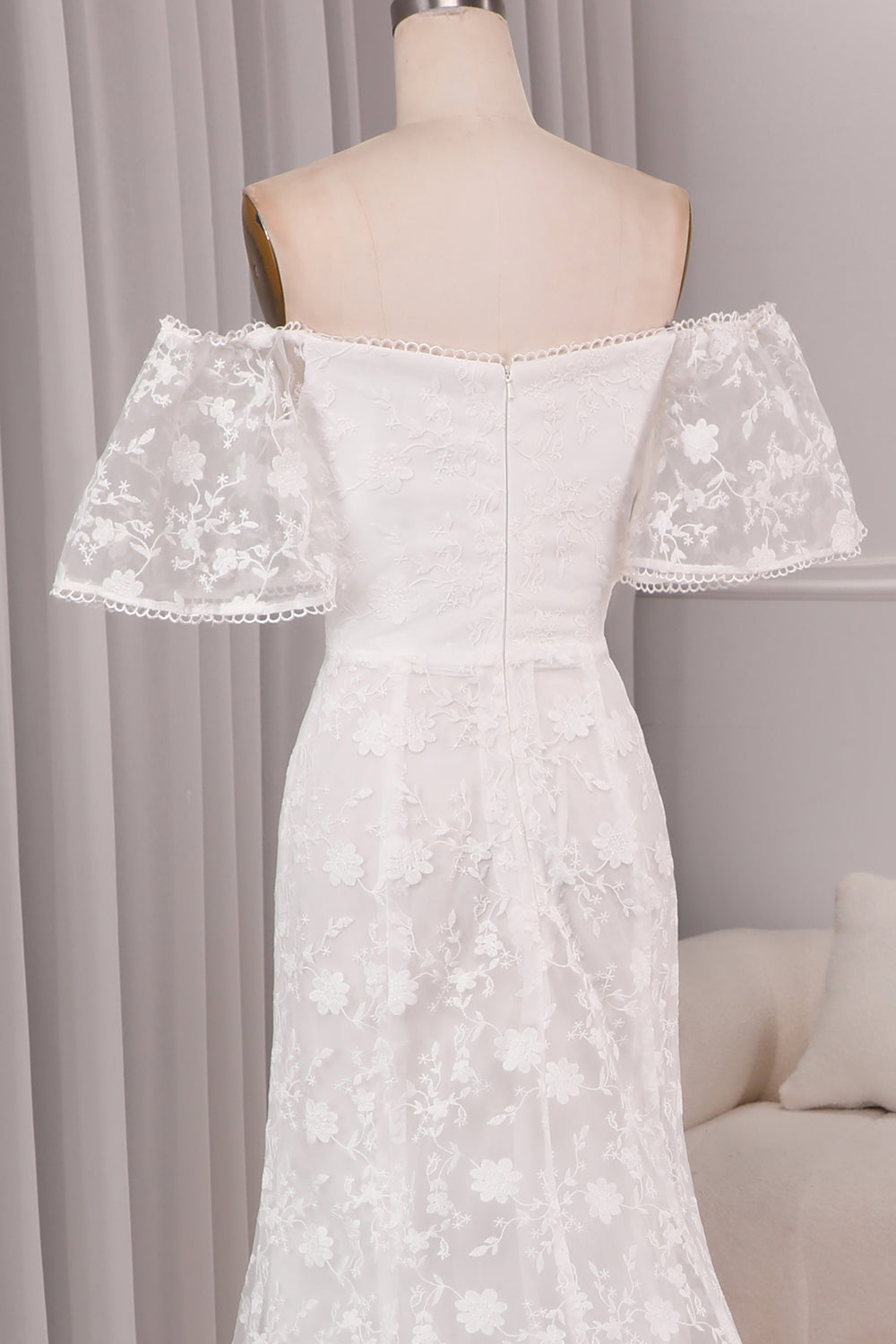 Ivory Mermaid Sweep Train Bridal Dress With Short Sleeves Off Shoulder