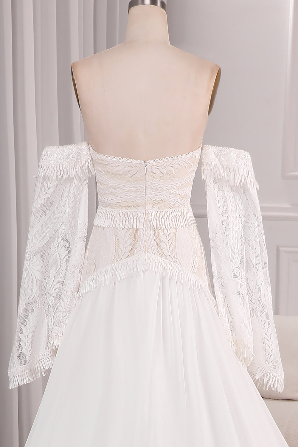 Ivory A Line Sweetheart Long Sleeves Chapel Train Wedding Dresses With Fringe Off Shoulder