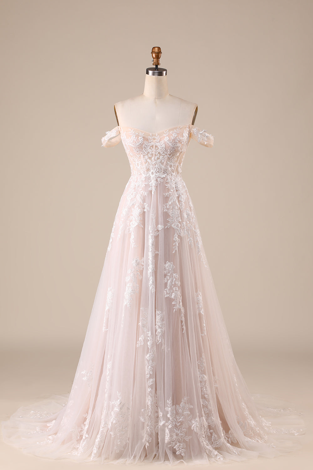 Ivory A Line Detachable Off the Shoulder Corset Tulle Wedding Dress Long