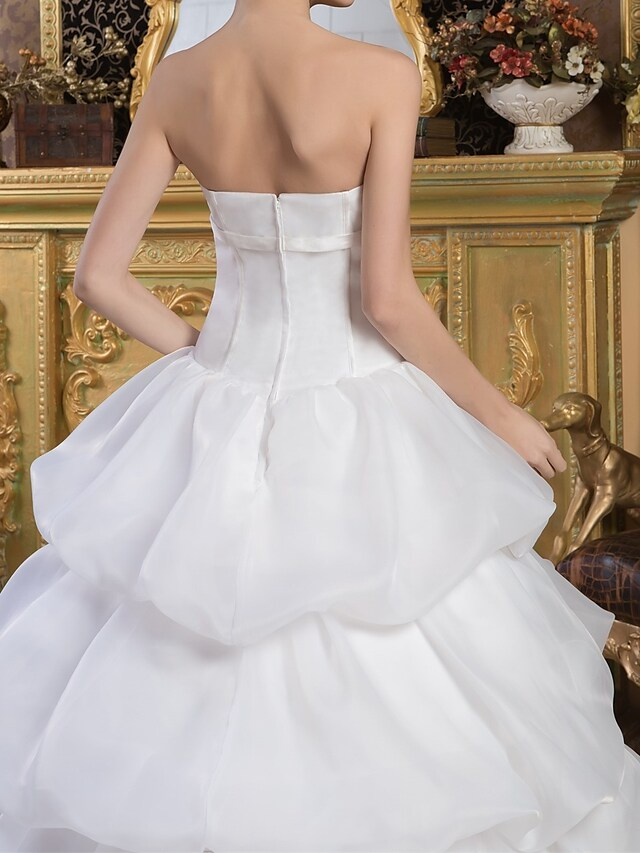 Ball Gown Wedding Dresses Strapless Court Train Organza Satin Strapless with Pick Up Skirt