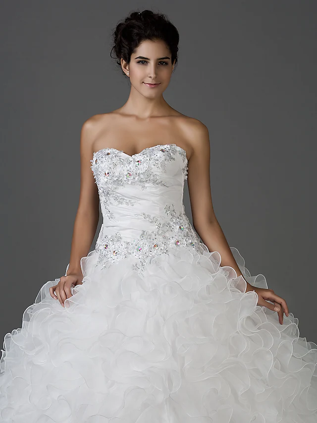 Ball Gown Wedding Dresses Sweetheart Neckline Strapless Floor Length Organza Taffeta Sleeveless Sparkle