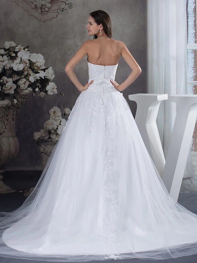 A-Line Wedding Dresses Strapless Court Train Lace Tulle Strapless with Beading