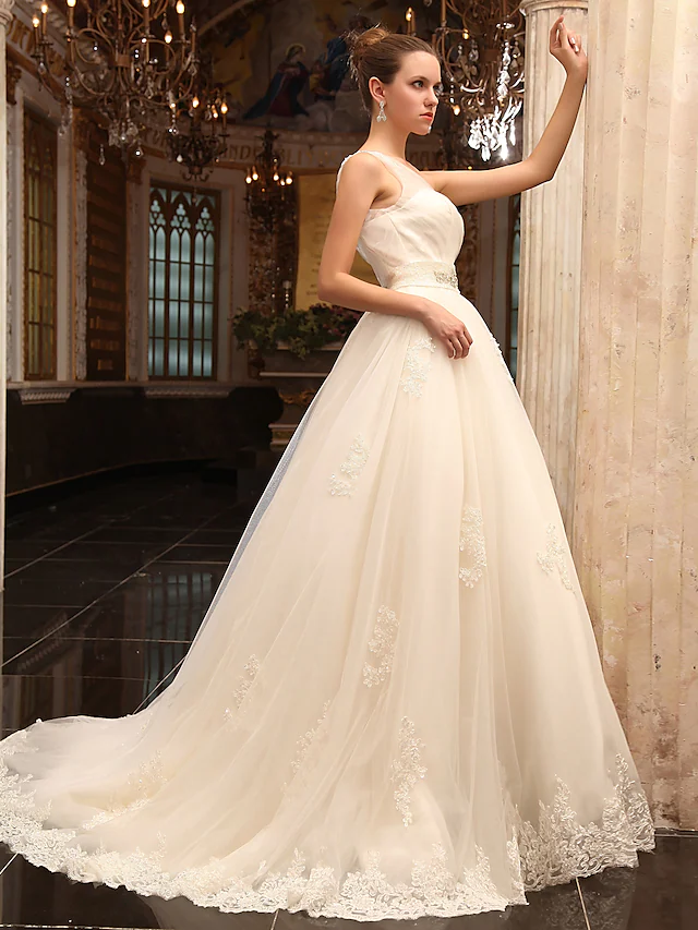 Princess A-Line Wedding Dresses One Shoulder Court Train Satin Tulle Sleeveless Long