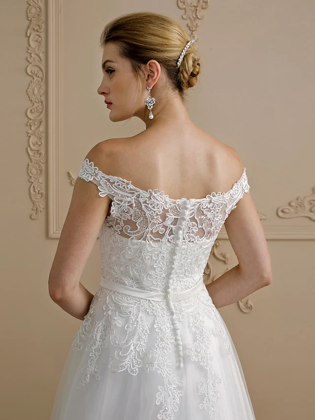 Ball Gown Wedding Dresses Off Shoulder Court Train Lace Tulle Cap Sleeve Country Glamorous See-Through Plus Size Backless with Sashes Ribbons Bow(s)