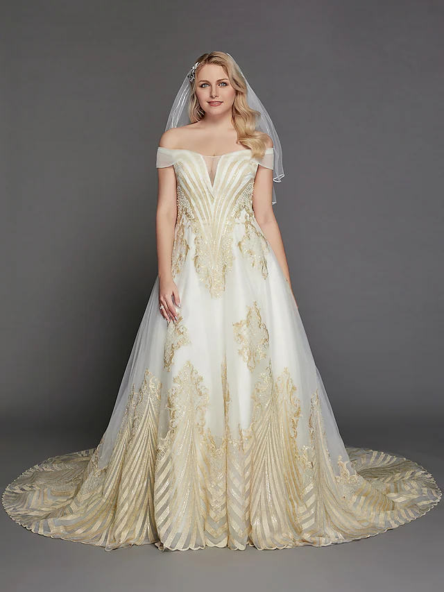 Princess Wedding Dresses Off Shoulder Chapel Train Lace Tulle Cap Sleeve Glamorous Illusion Detail