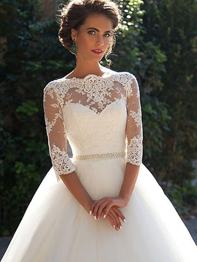 A-Line Wedding Dresses Off Shoulder Court Train Lace Tulle Length Sleeve Formal Sexy Illusion Sleeve