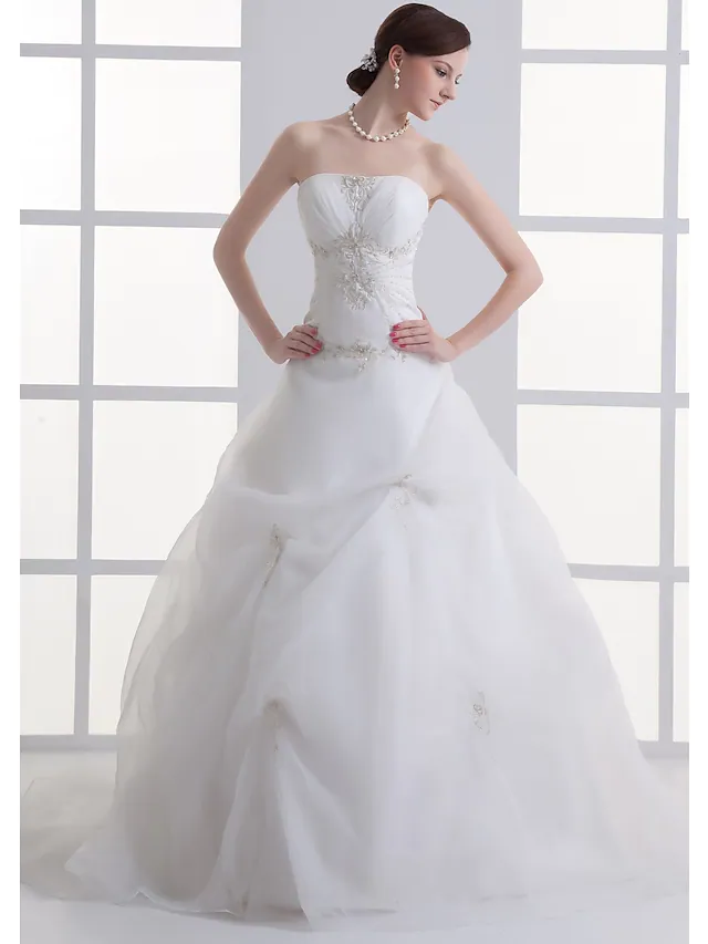 A-Line Wedding Dresses Strapless Court Train Organza Satin Strapless with Pick Up Skirt Ruched