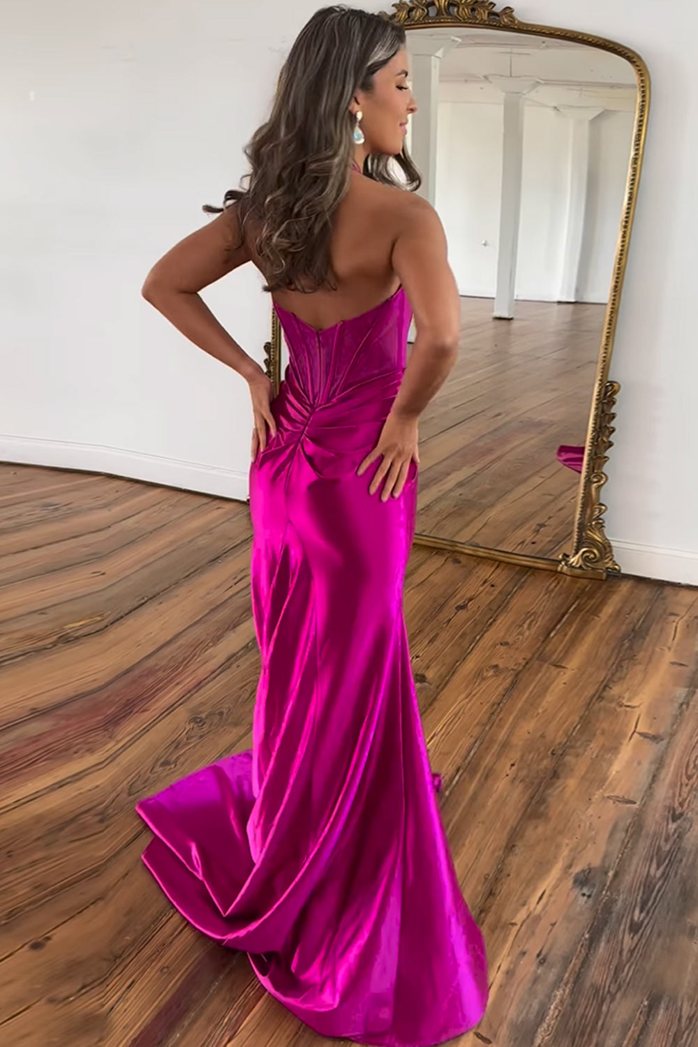 Fuchsia Mermaid Backless Satin Long Corset Prom Dress With Slit Sexy