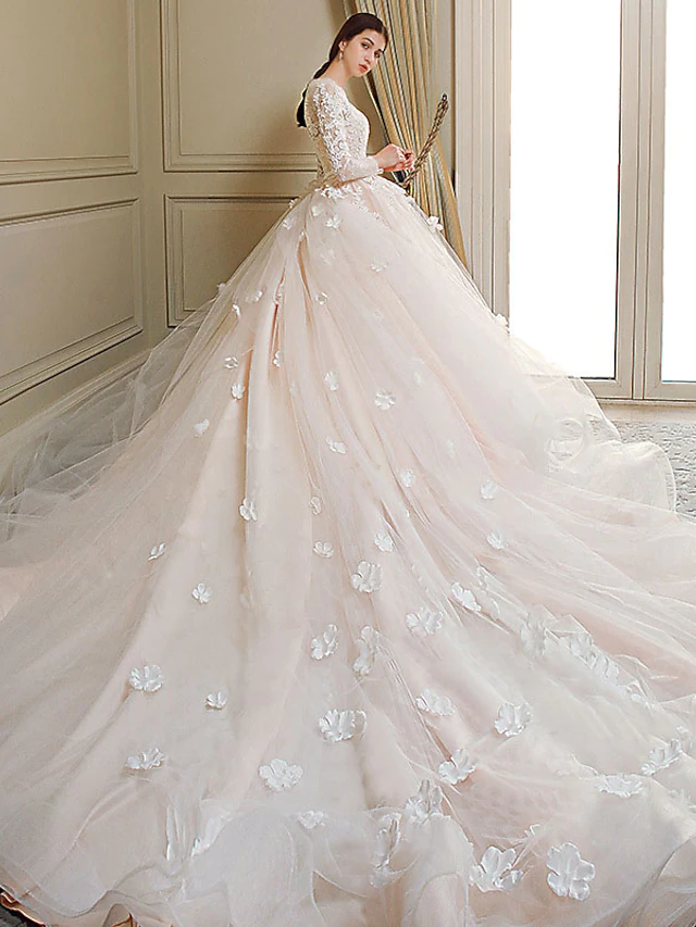 Princess Ball Gown Wedding Dresses Jewel Neck Chapel Train Lace Tulle Long Sleeve Formal Romantic Luxurious with Bow(s)