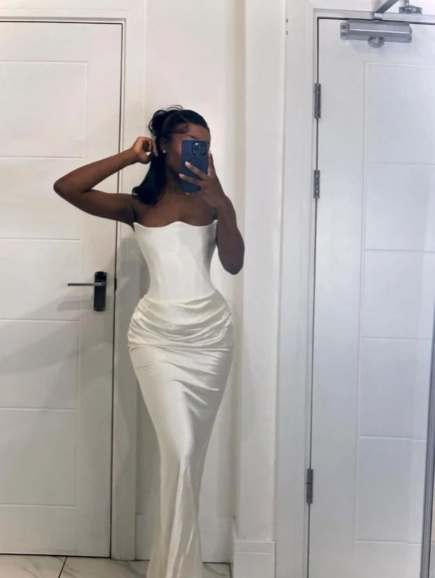 White Strapless Mermaid Satin Long Evening Party Dress Off Shoulder Simple Wedding Dress