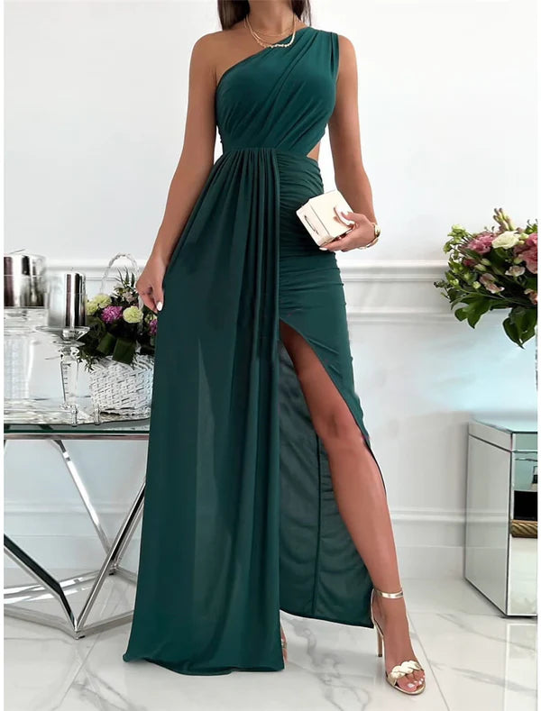 Women‘s Prom Dress Wedding Guest Party Dress Formal Dress Long Dress Maxi Dress Pink Red Green Sleeveless Pure Color Backless Summer Spring Fall One Shoulder Evening