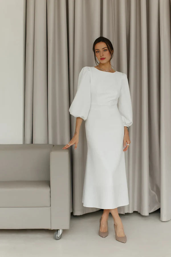 Sky Blue Women's Event Dress Puffy Short Sleeves Open Back Midi Dress A-line Wedding Guest Dress Party Dress