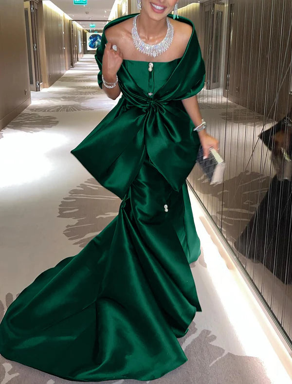 Mermaid / Trumpet Evening Gown Elegant Dress Formal Court Train Half Sleeve Off Shoulder Satin with Bow(s)