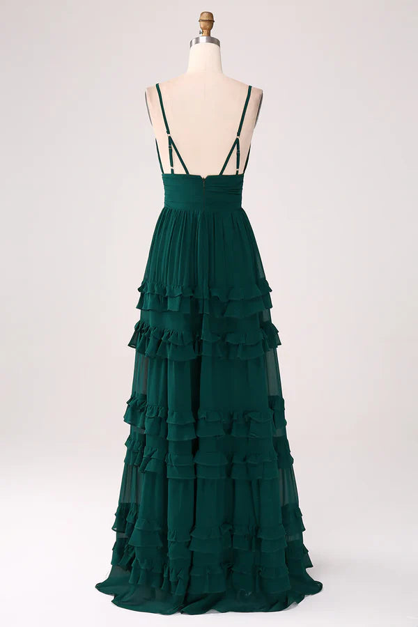 Spaghetti Straps V-Neck Floor-length Tiered Prom Dress with Pleated Bridesmaid Dress