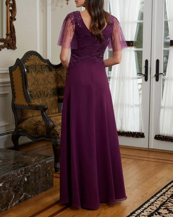 A-Line V-Neck Mother of the Bride Dress Beaded Tulle Evening Dresses Wedding Guest Party Dresses Elegant