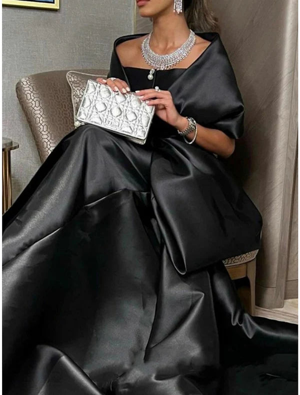 Mermaid / Trumpet Evening Gown Elegant Dress Formal Court Train Half Sleeve Off Shoulder Satin with Bow(s)