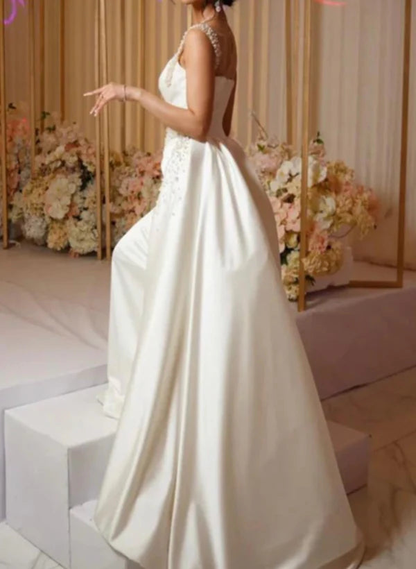 Luxury Satin Wedding Dress Beaded One Shoulder Bridal Dress With Panel Train Floor Length Elegant