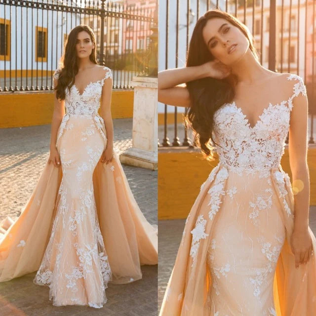 Cap Sleeve Sweetheart Mermaid Wedding Dress With Lace Appliques And Panel Train Elegant