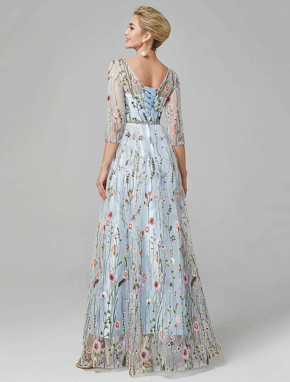 A-Line Evening Gown Elegant Dress Floor Length Sleeve Lace with Embroidery Beautiful Evening Dress