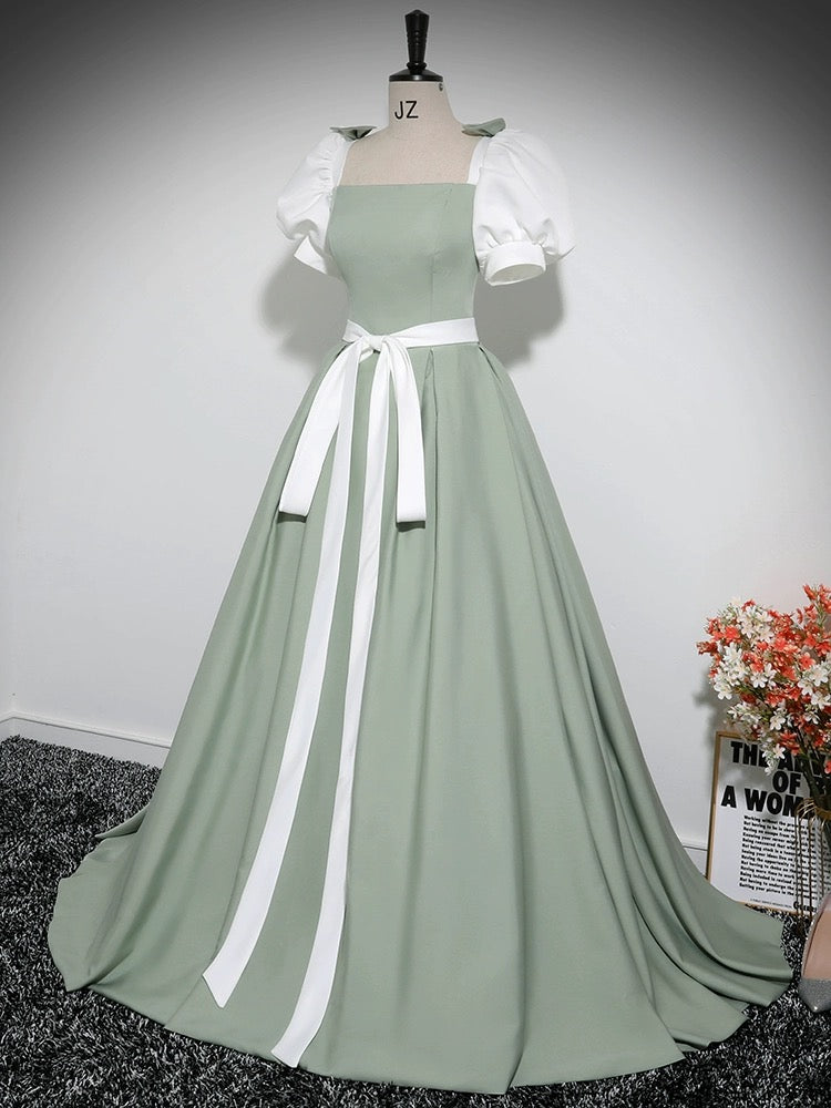 A-Line Puff Sleeves Satin Green Long Prom Dress Formal Dress Evening Dress With Bow(s)