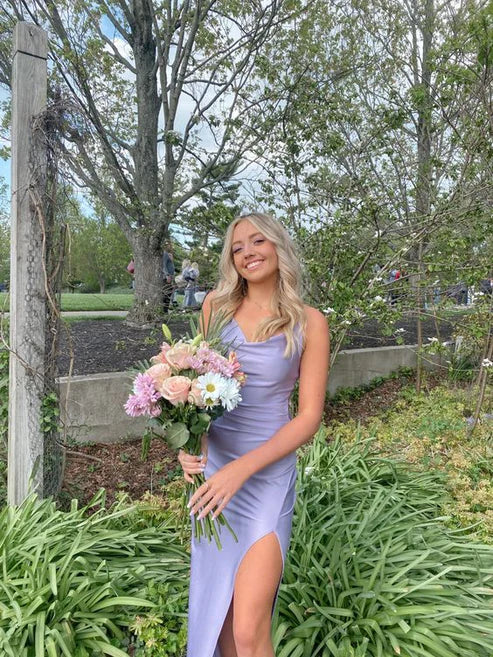 Light Purple Side Slit Satin Prom Dress Long Party Dress Evening Dress Formal Dress