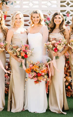 Mermaid Satin Simple Wedding Dress With Square Neckline And Long Sleeve Elegant