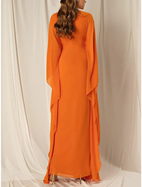 Sheath / Column Evening Gown Elegant Dress Formal Fall Ankle Length Long Sleeve V Neck Chiffon with Ruched Ruffles Orange Wedding Guest Dress