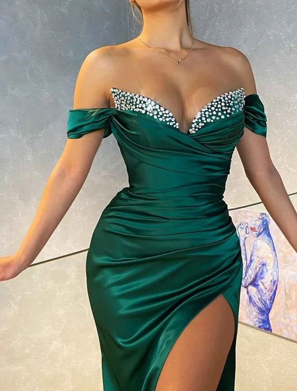 Mermaid / Trumpet Prom Dresses Emerald Green Dress Wedding Guest Prom Sweep / Brush Train Sleeveless Off Shoulder Charmeuse with Sequin Slit Sexy Evening Dress