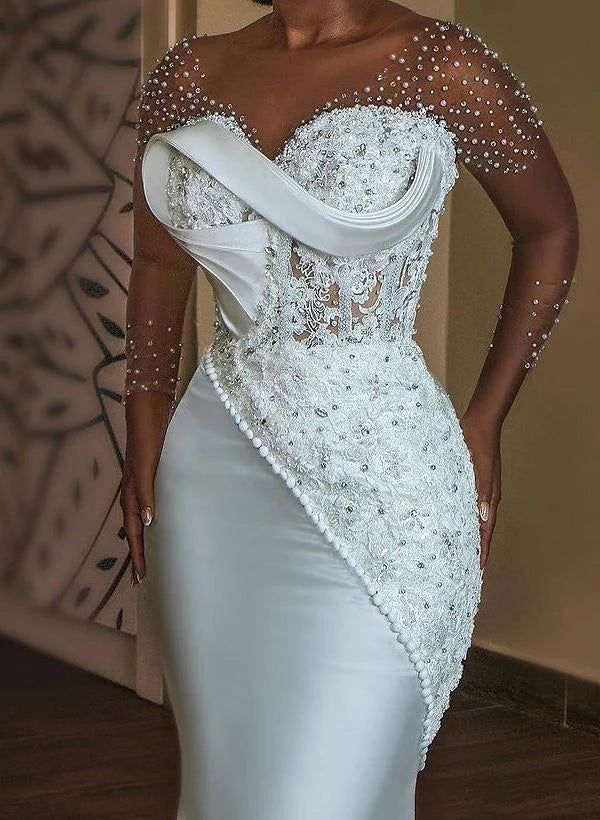 Trumpet Mermaid V Neck 3/4 Sleeves Lace Satin Wedding Dresses With Beading Appliques Lace