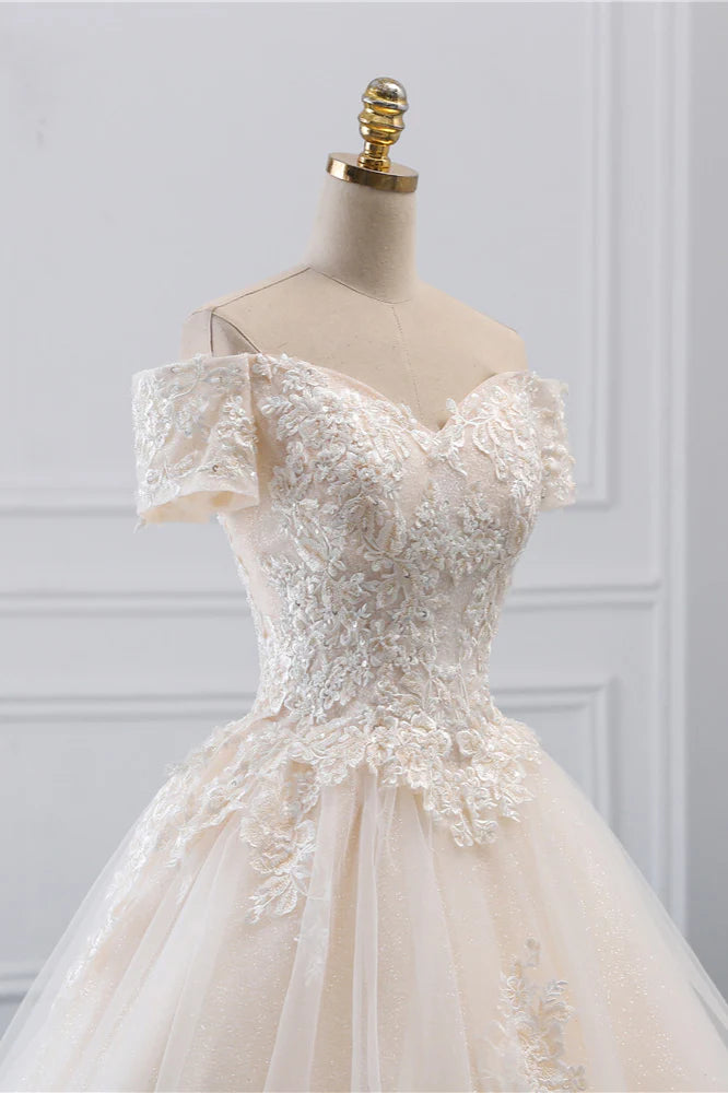 Princess Off The Shoulder Tulle Wedding Dress With Lace Appliques Elegant Beautiful