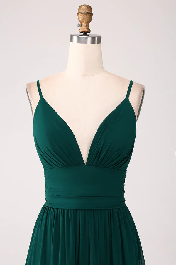 Spaghetti Straps V-Neck Floor-length Tiered Prom Dress with Pleated Bridesmaid Dress