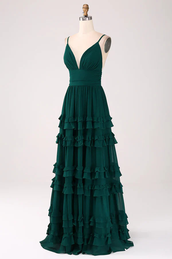 Spaghetti Straps V-Neck Floor-length Tiered Prom Dress with Pleated Bridesmaid Dress