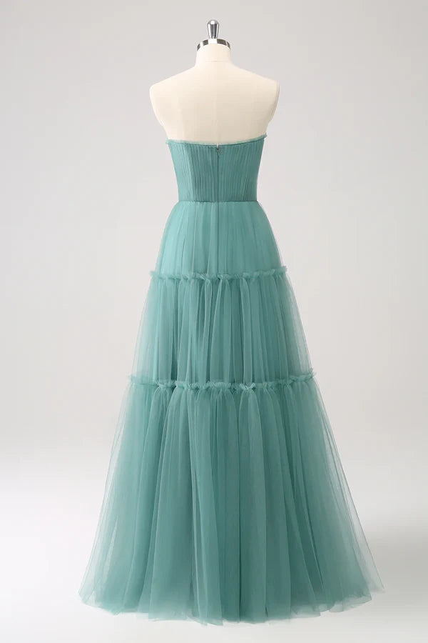 Strapless Corset Tulle A-Line Princess Bridesmaid Dress Prom Dress Off Shoulder Floor Length