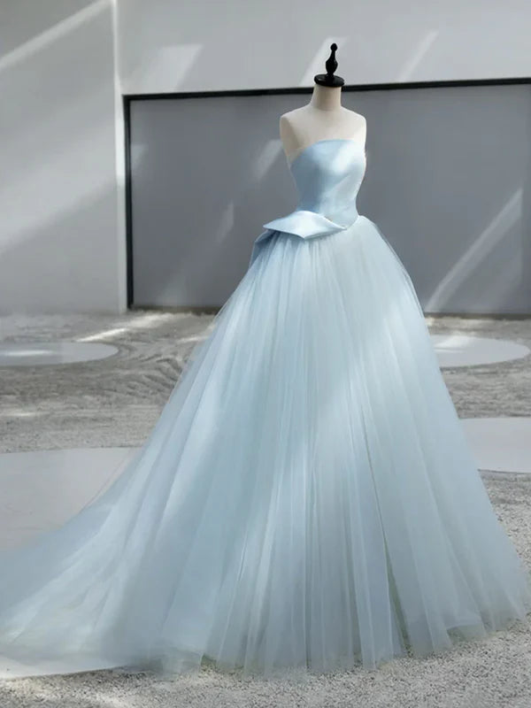 A-Line Satin Tulle Blue Quinceanera Dress Long Prom Dress Ball Gown Off Shoulder