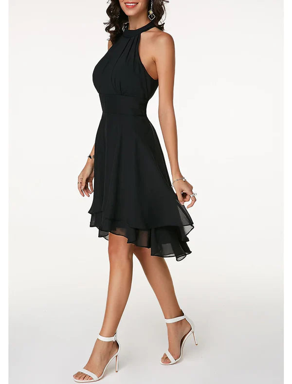 A-Line Cocktail Dresses Party Dress Wedding Guest Engagement Knee Length Sleeveless Halter Neck Chiffon V Back