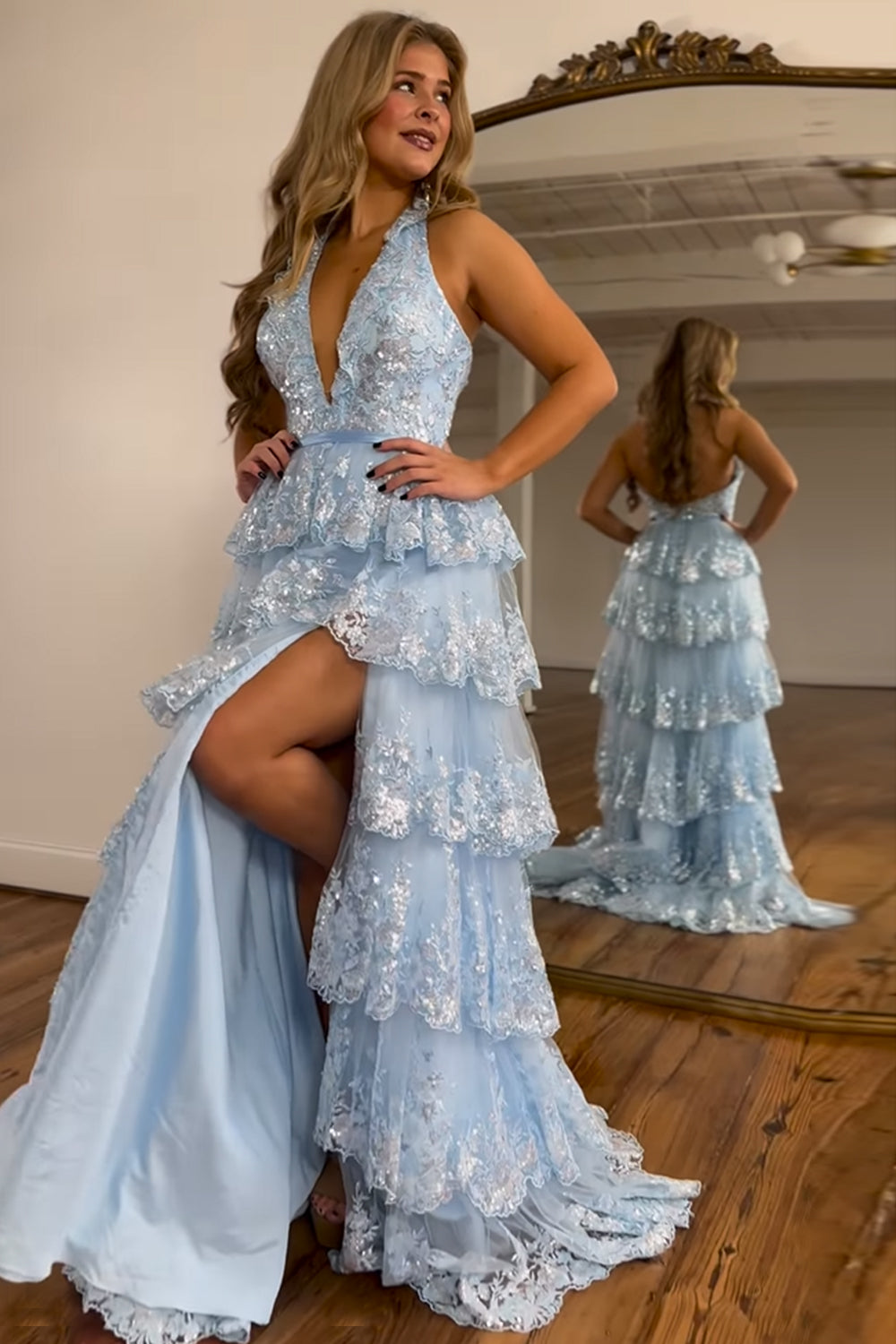Sparkly Light Blue Halter Backless Lace Tiered Long Prom Dress With Slit V-neck Sexy