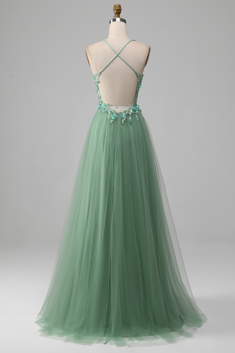 Sparkly Green A-Line Spaghetti Straps Corset Prom Dress With Appliques Beautiful With Slit