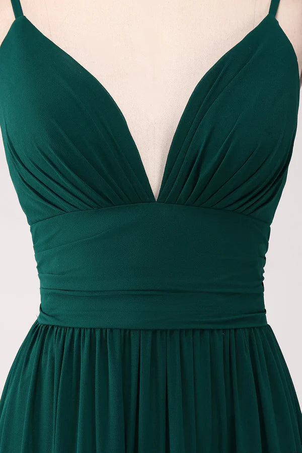 Spaghetti Straps V-Neck Floor-length Tiered Prom Dress with Pleated Bridesmaid Dress