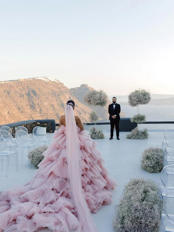 Layers Tulle Ball Gown Wedding Dress Drama Pink Wedding Dress Off Shoulder Without Wedding Veil