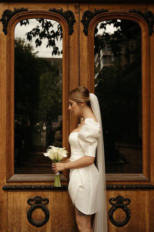 Bodycon Square Neck Satin Short Wedding Dresses with Lantern Sleeves White